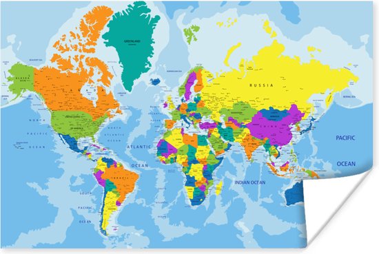 Affiche Wereldkaart - Couleurs - Lettres - 30x20 cm