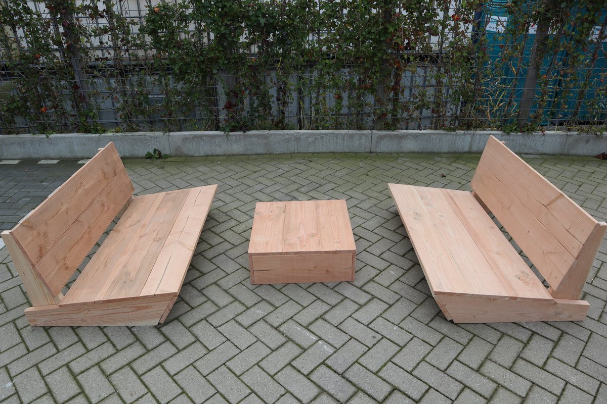 Set van 2 bankjes 120cm & tafel “Sauna” van douglas hout – relax bank set – Loungebank – Lage zetel - 4 persoons