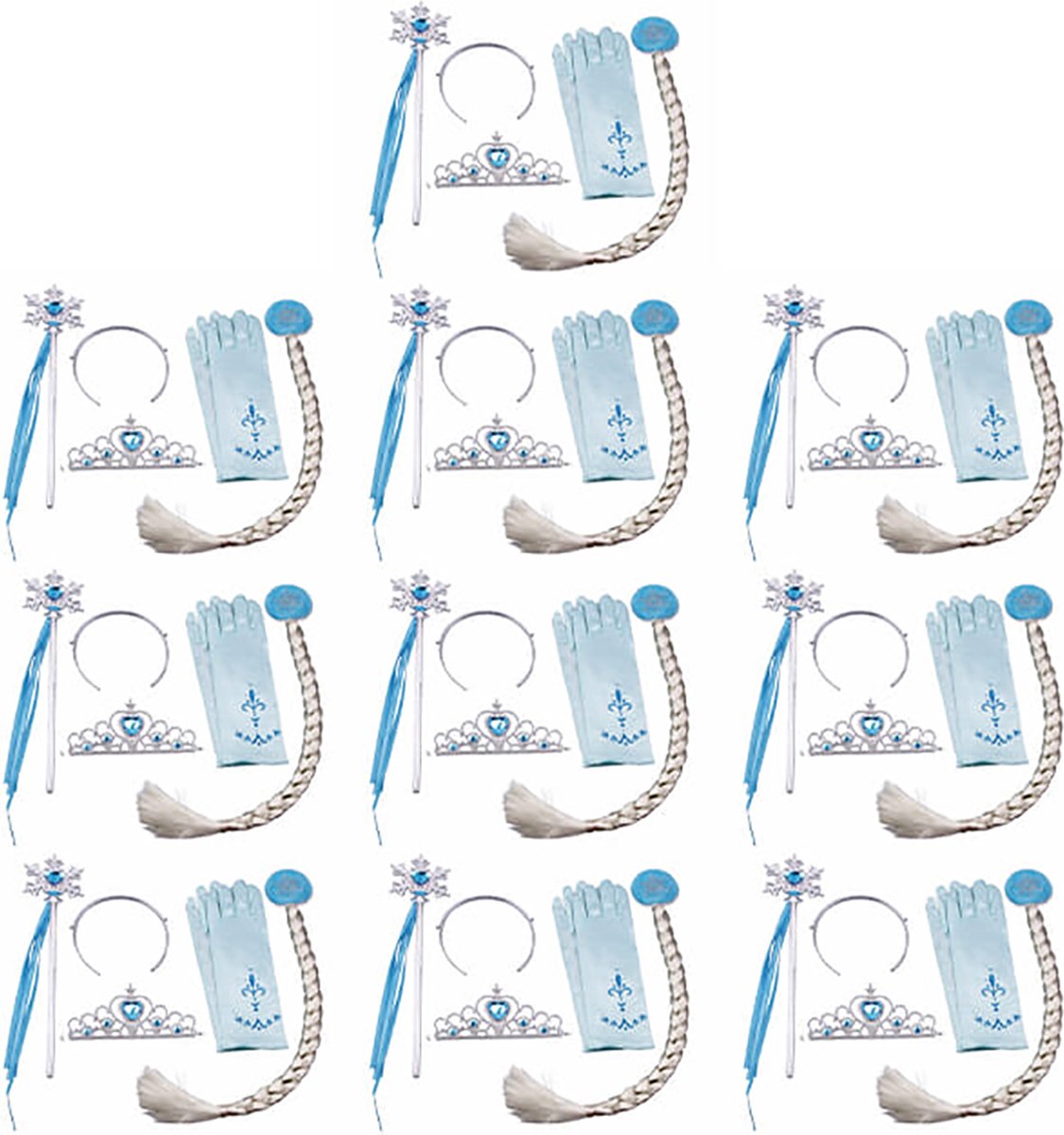 Voor bij je prinsessenjurk meisje - Uitdeelzakjes - Accessoires - uitdeelcadeautjes voor traktatie - Speelgoed - 10 x Kroon (Tiara) - 10 x Toverstaf - 10 x Prinsessenhandschoenen - 10 x Haarvlecht - Prinsessenfeestje
