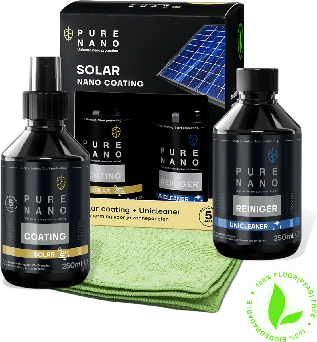 PURE NANO Solar - Nano Coating voor zonnepanelen - tot 8% meer rendement - 5 Jaar werkzaam - Voorkomt vuilaanhechting - 250 ml