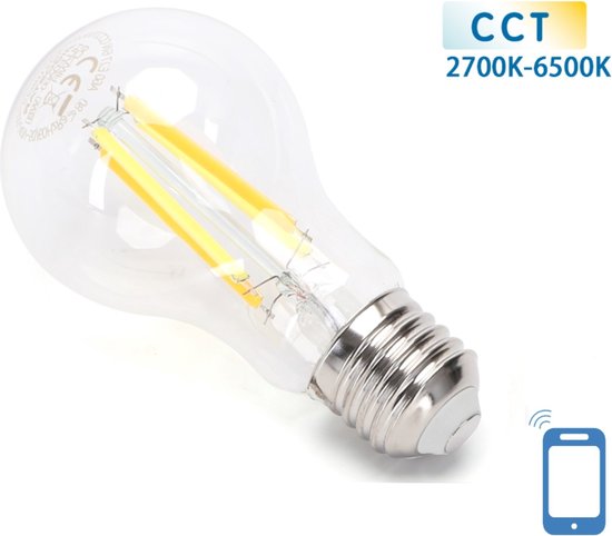 Gloeilamp E27 6W WiFi + Bluetooth CCT 2700K-6500K | Smartlamp A60 - warmwit - daglichtwit LED ~ 850 Lumen - helder glas - 230 Volt