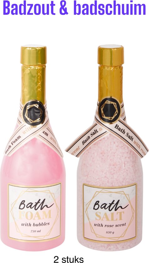 Badschuim bubbels & Badzout 2 stuks in champagnefles - kerst cadeau tip black Friday 2022 deal