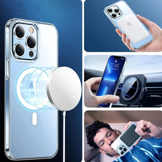 Collage van afbeeldingen die de transparante magnetische telefoonhoes in gebruik tonen, inclusief opladen en bevestiging.