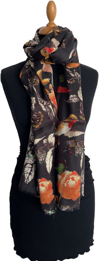 HIGHFIELD SHAWL DESSIN “VOGELS” ZIJDE 70CM X 180CM – ZWART