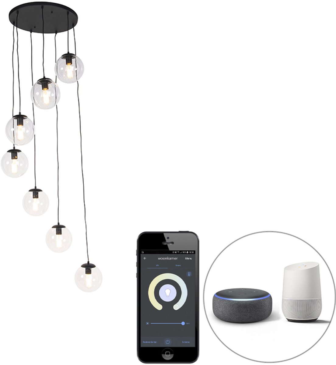 QAZQA pallon - Art Deco Dimbare LED Smart Hanglamp incl. wifi met Dimmer voor boven de eettafel | in eetkamer - 7 lichts - Ø 65 cm - Transparant - Woonkamer | Slaapkamer | Keuken