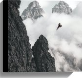 WallClassics - Canvas  - Vogel Vliegend tussen Bergen (zwart/wit) - 30x30 cm Foto op Canvas Schilderij (Wanddecoratie op Canvas)
