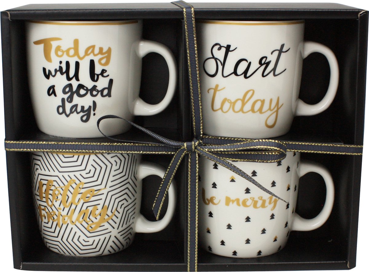Geschenkdoos / 4 kopjes 220ml / Porselein / " Today will be a good day! " " Start today " " Hello friday " / Kleur: Wit en goud / Collectie "Rêve étoilé" - Set - Kerstcadeau -Huwelijkscadeau - Bruiloft Cadeau - Verjaardag Cadeau - Koffiemok RE-4TAS1