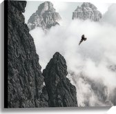 WallClassics - Canvas  - Vogel Vliegend tussen Bergen (zwart/wit) - 60x60 cm Foto op Canvas Schilderij (Wanddecoratie op Canvas)