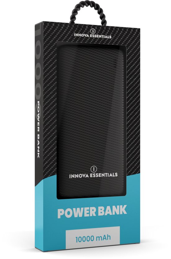 Verpakking van zwarte powerbank met koolstofvezel textuur, 'POWER BANK 10000 mAh'.