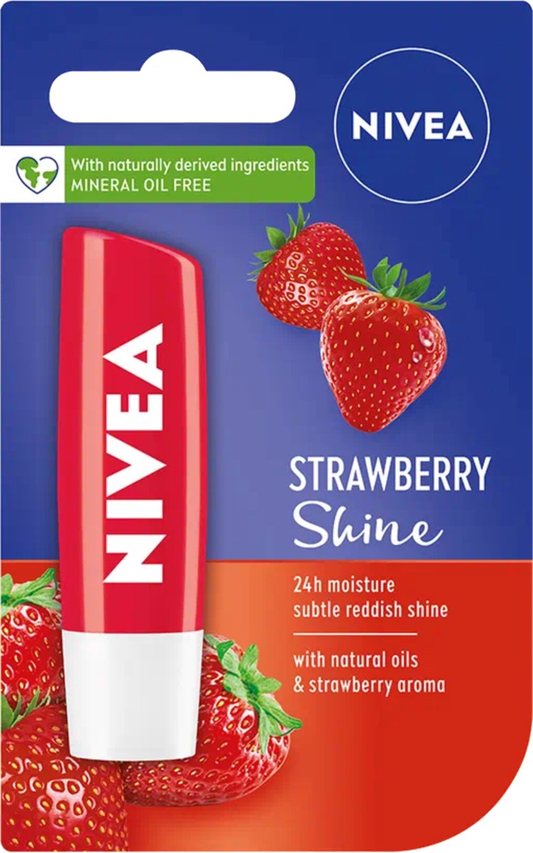 Nivea - Labello Strawberry Shine Lippenbalsem - 5,5 ml Stick - Lipbalsem - Lipbalm - Lipverzorging - Verrijkt met shea boter en bio jojoba olie