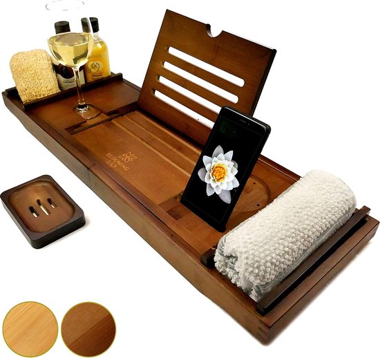 Decopatent® Badplank - Uitschuifbaar 75 -> 110 Cm - Verstelbaar Bamboe Badrekje Voor In Bad Boekenhouder Tablethouder Bruin