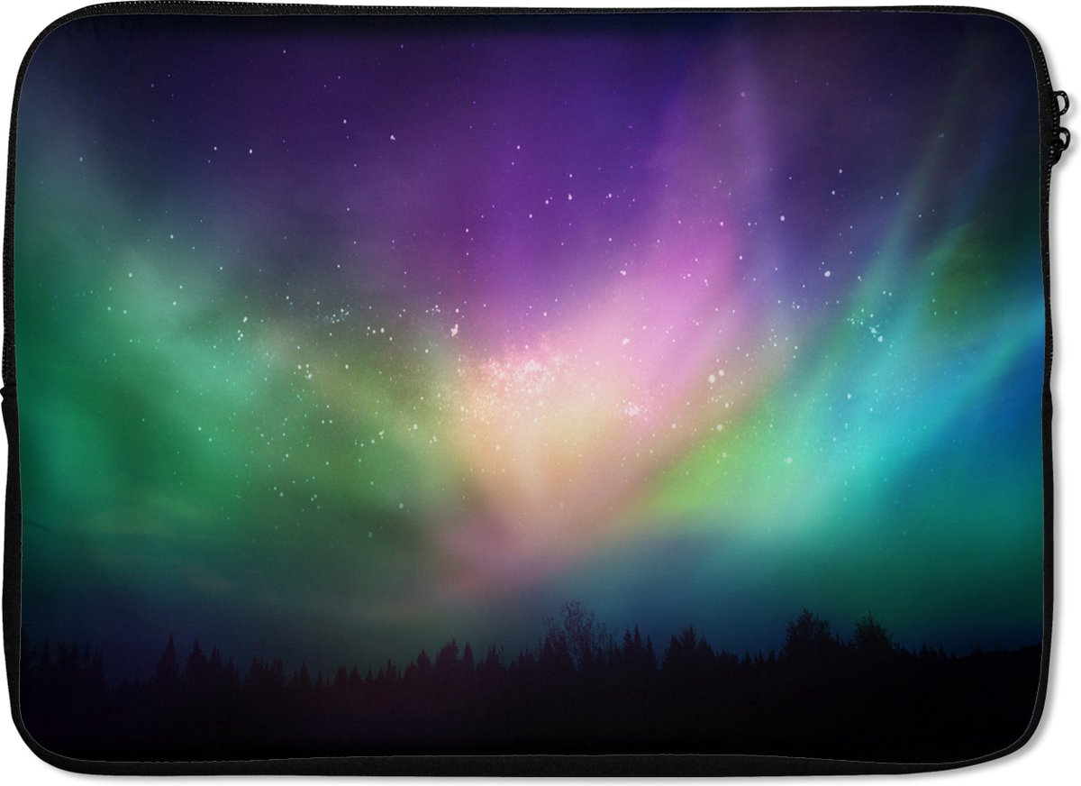 Laptophoes 13 inch - Noorderlicht - Sterrenhemel - Nacht - Laptop sleeve - Binnenmaat 32x22,5 cm - Zwarte achterkant