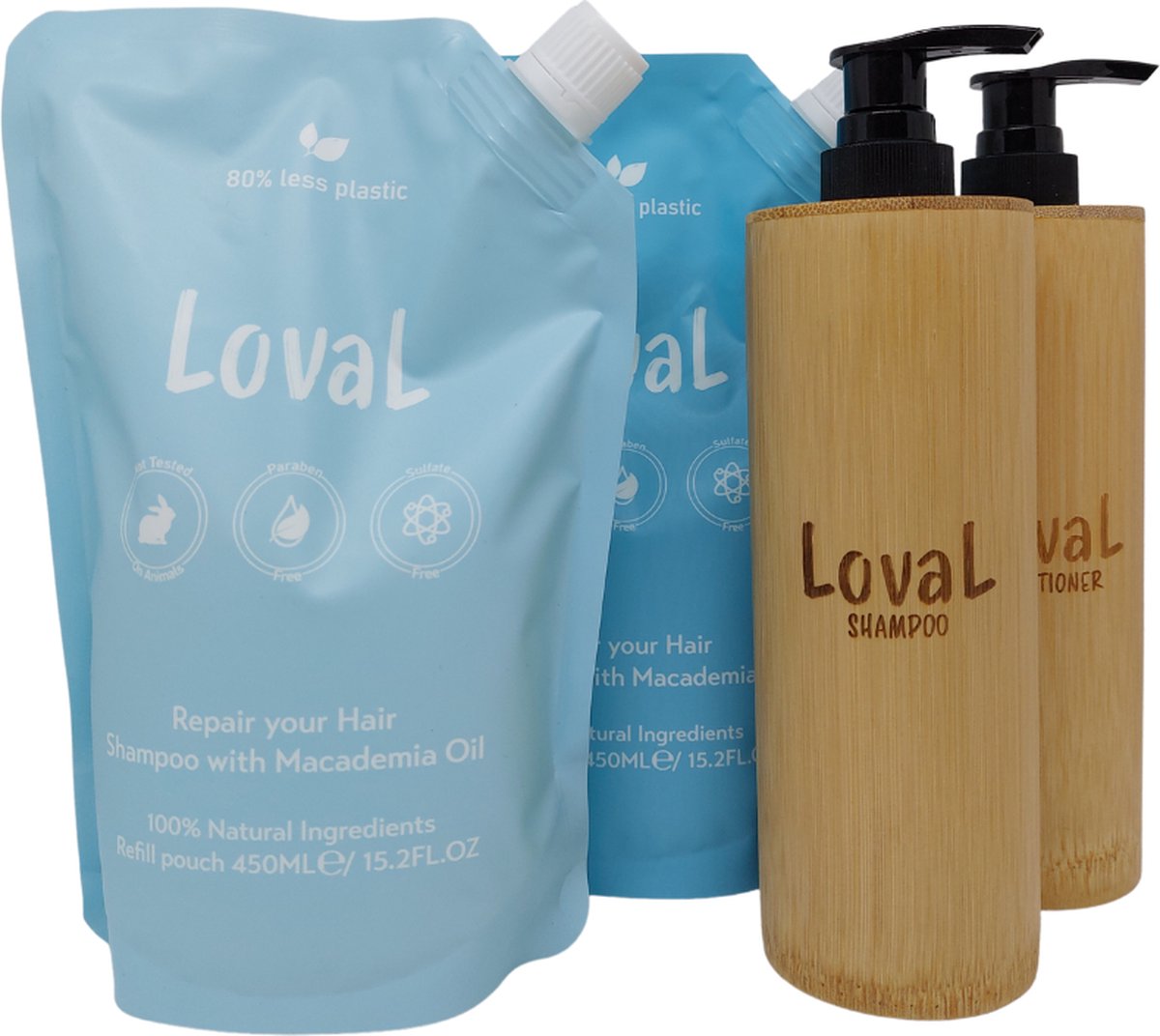 Loval - Geschenkset - Kerst cadeau voor haar / hem - Organische shampoo en conditioner met macadamia olie - 2 Navulzakken 450ML - Zonder sulfaten, parabenen, siliconen en minerale olieën - 2 Hervulbare Bamboe dispensers 200ML