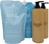 OP=OP - Loval - Geschenkset - Organische shampoo en conditioner met macadamia olie - 2 Navulzakken 450ML - Zonder sulfaten, parabenen, siliconen en minerale olieën - 2 Hervulbare Bamboe dispensers 200ML