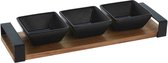 Excellent Houseware Serveerplank met 3 hapjes/saus/tapas schaaltjes - hout - 32 x 10 cm