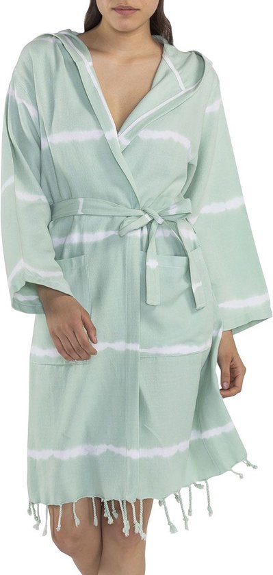 Tie Dye Badjas Mint - XS - peignoir extra doux - peignoir luxueux - robe de chambre - peignoir sauna - longueur moyenne - fin - capuche