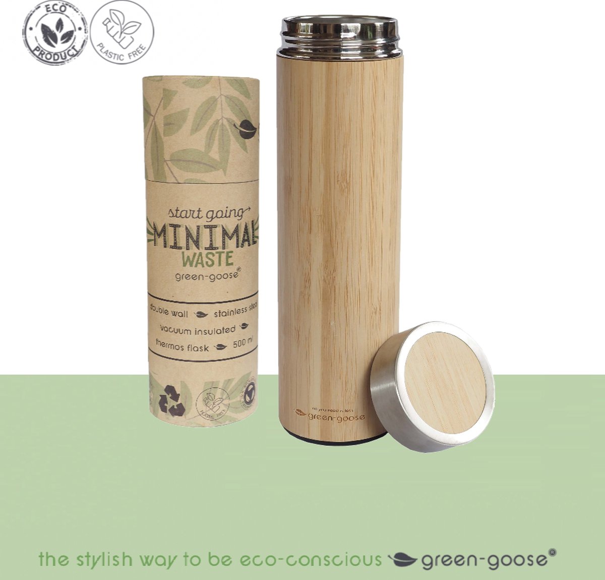 green-goose® Bamboe Thermosfles | 360 ml | Koffielepels | Dubbelwandig | Duurzaam