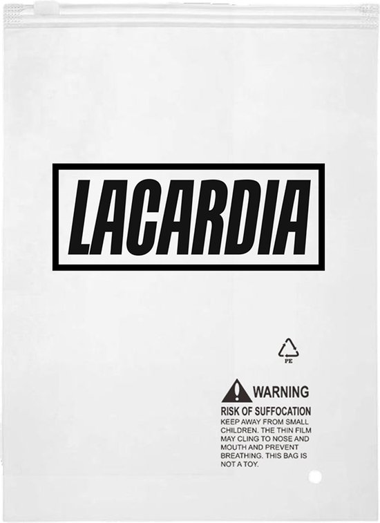 Sac en plastique blanc LaCardia avec inscription noire.