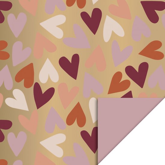 Foto: 2 kleine rolletjes cadeaupapier big hearts gold faded pink 30x200 cm