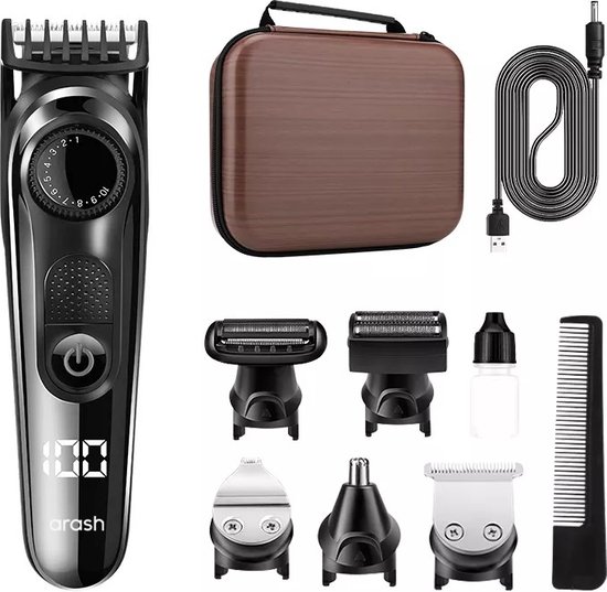 arash® 5 in 1 Baardtrimmer Mannen - 2022 Nieuwste Model - Draadloze baartrimmer - Scheerapparaat - Neus en Oor - Inclusief Oplaadblok - Incl. Reistas