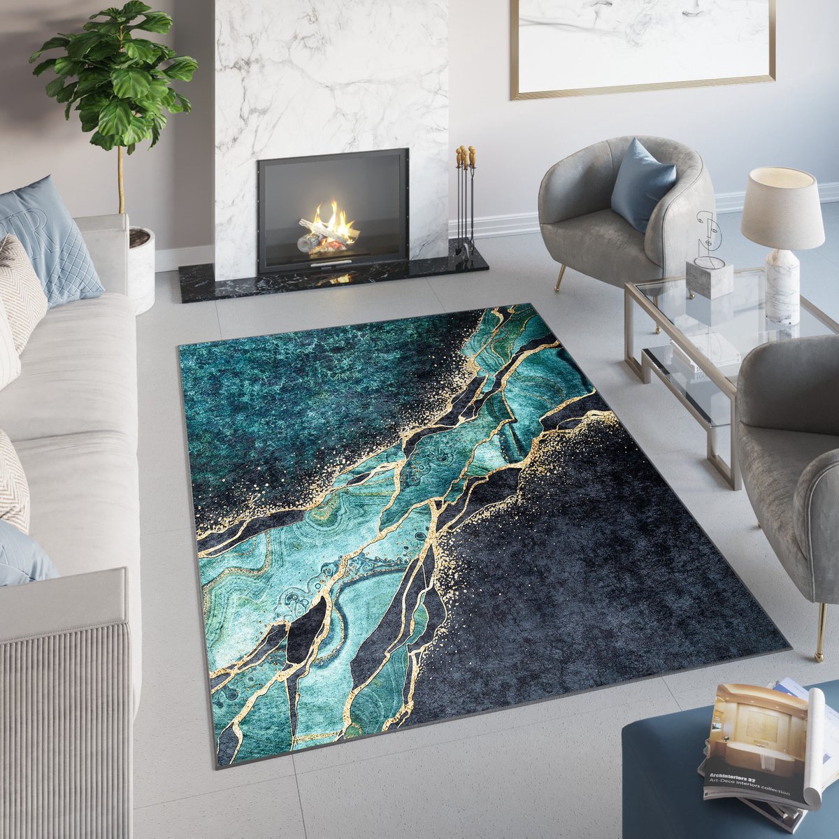 Tapiso Toscana Vloerkleed Abstract Donker Groen Gouden Tapijt Maat- 80x150 Donkergroen 2