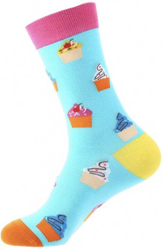 Grappige sokken met cupcakes | 2 paar | funny kleur lichtblauw, roze en geel Maat one size (38-45) Unisex