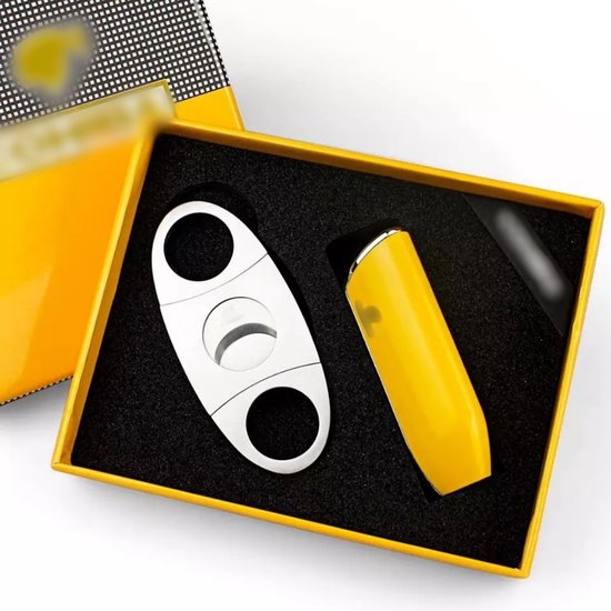 Cohiba sigarenaansteker en sigarenknipper set in geel - Jet flame aansteker met boor en knipper in luxe geschenkdoos