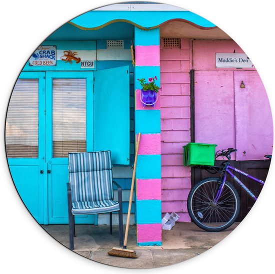 WallClassics - Dibond Muurcirkel - Blauw en Roze Strandhuisjes - 70x70 cm Foto op Aluminium Muurcirkel (met ophangsysteem)
