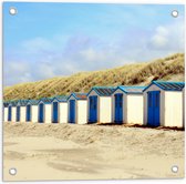 WallClassics - Tuinposter – Blauw met Witte Strandhuisjes - 50x50 cm Foto op Tuinposter  (wanddecoratie voor buiten en binnen)