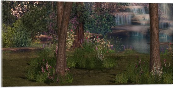 WallClassics - Acrylglas - Bloemen en Bomen bij Waterval - 100x50 cm Foto op Acrylglas (Wanddecoratie op Acrylaat)