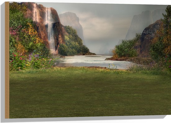 WallClassics - Hout - Geschilderde Waterval - 75x50 cm - 12 mm dik - Foto op Hout (Met Ophangsysteem)