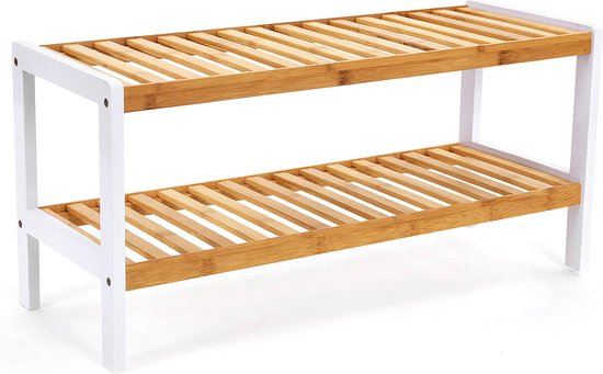 Hoppa! Bamboe Schoenenrek 2 niveau's Badkamerplank schoenenkast Bamboe schoenenrek voor 8 paar schoenen Wit-natuurlijke kleuren 70 x 33 x 25 cm