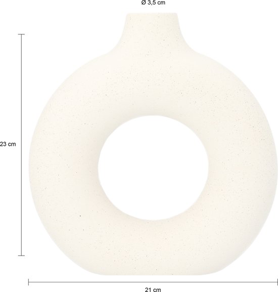 Witte keramiek vaas, rond met een gat, 21 cm breed en 23 cm hoog.