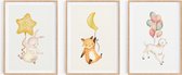 No Filter Babykamer posters set - 3 stuks - 21x30 cm (A4-formaat) - Kinderkamer decoratie - Lammetje, konijn en Vosje met ballon