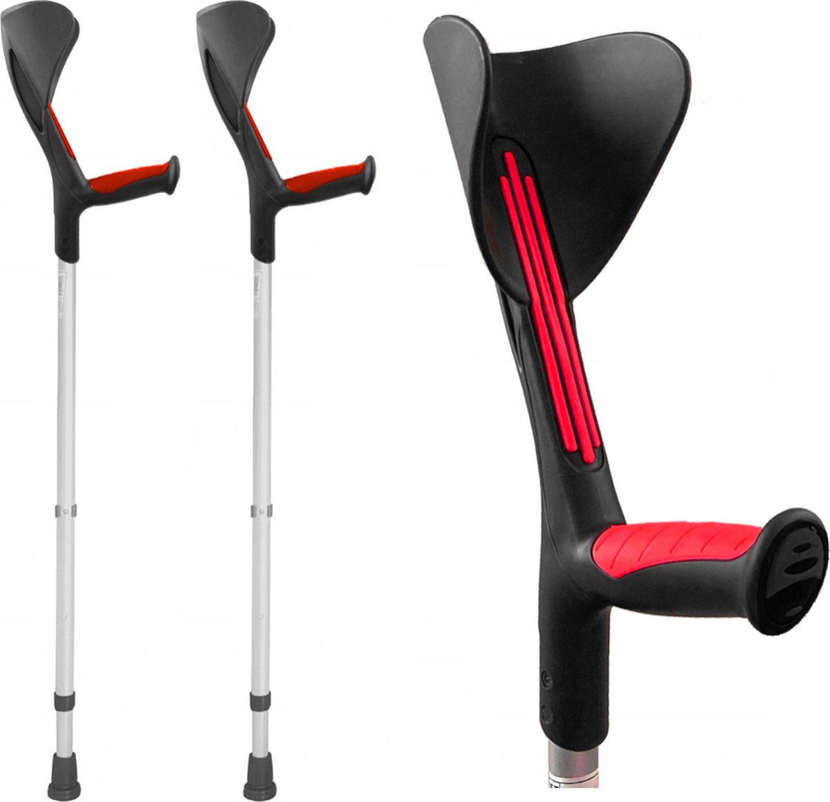 Goedkoopste Advance elleboogkrukken met flexibele doppen, rood - loopkrukken - krukken open manchet. Set - paar van 2