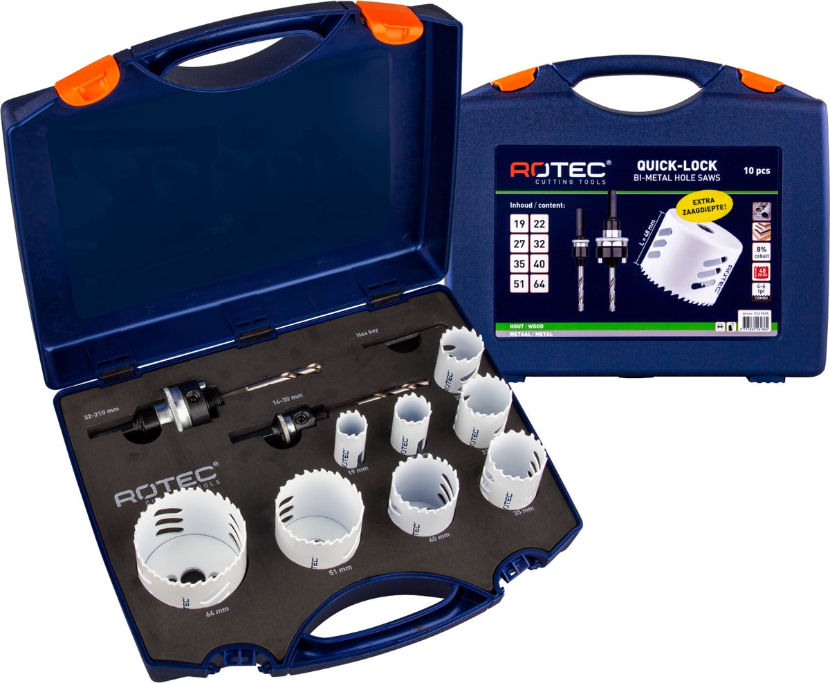 Rotec 10-dlg. gatzagenset type '533 - Loodgieter' met Quick-Lock (1x ø19, 22, 27, 32, 35, 40, 51 en 64mm)