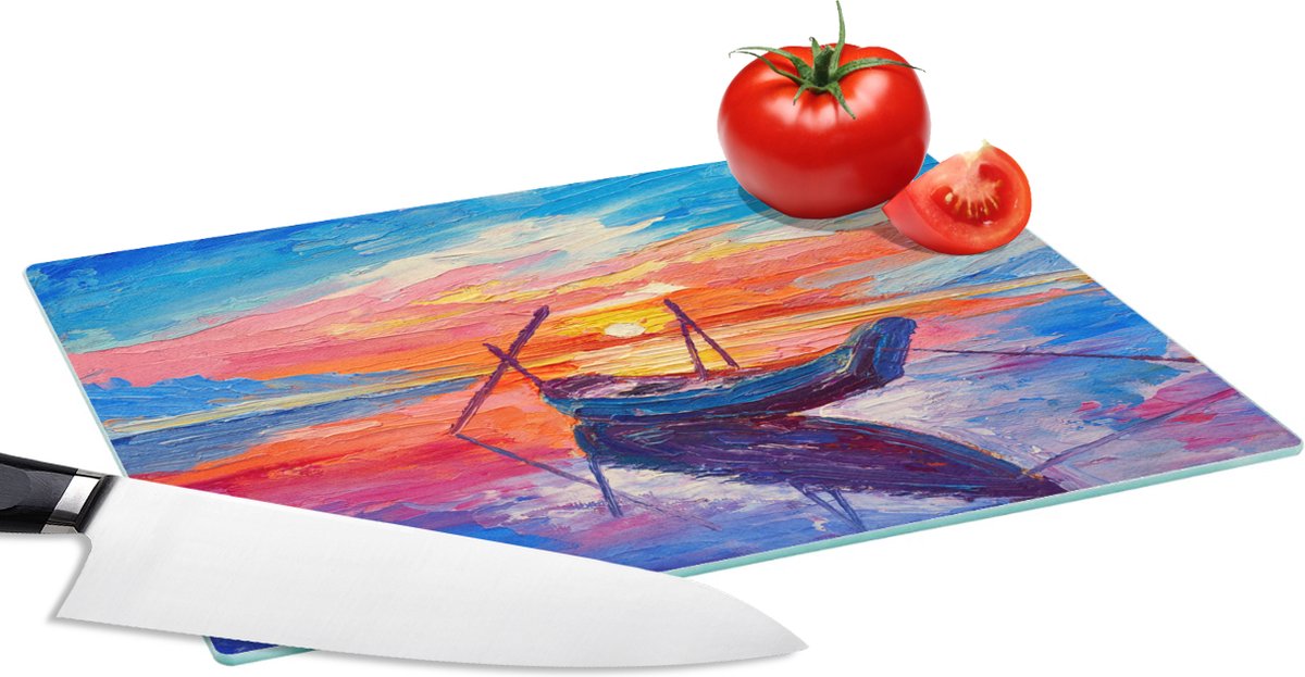 Glazen Snijplank - 28x20 - Schilderij - Boot - Olieverf - Water - Snijplanken Glas