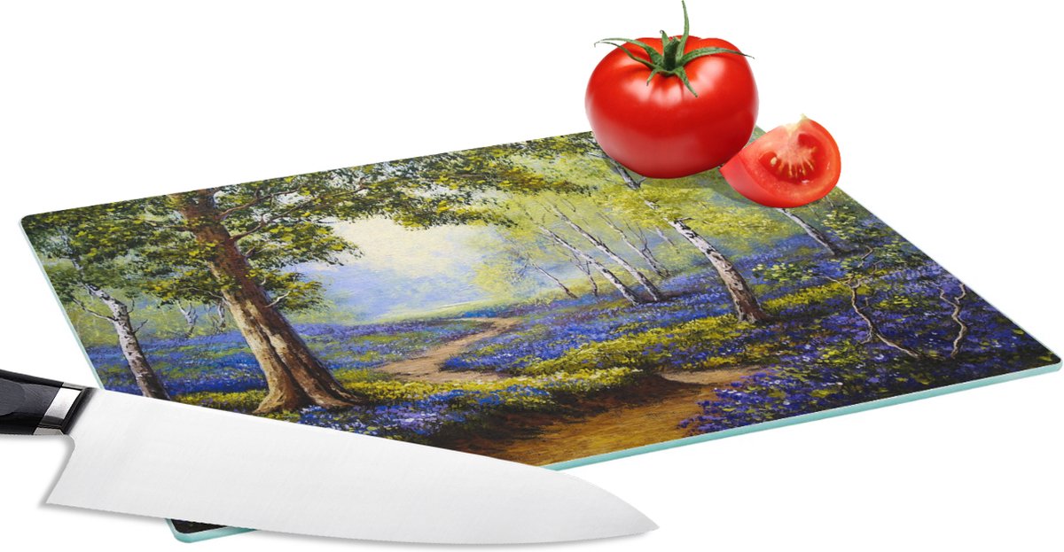 Glazen Snijplank - 28x20 - Schilderij - Natuur - Bos - Bloemen - Olieverf - Snijplanken Glas