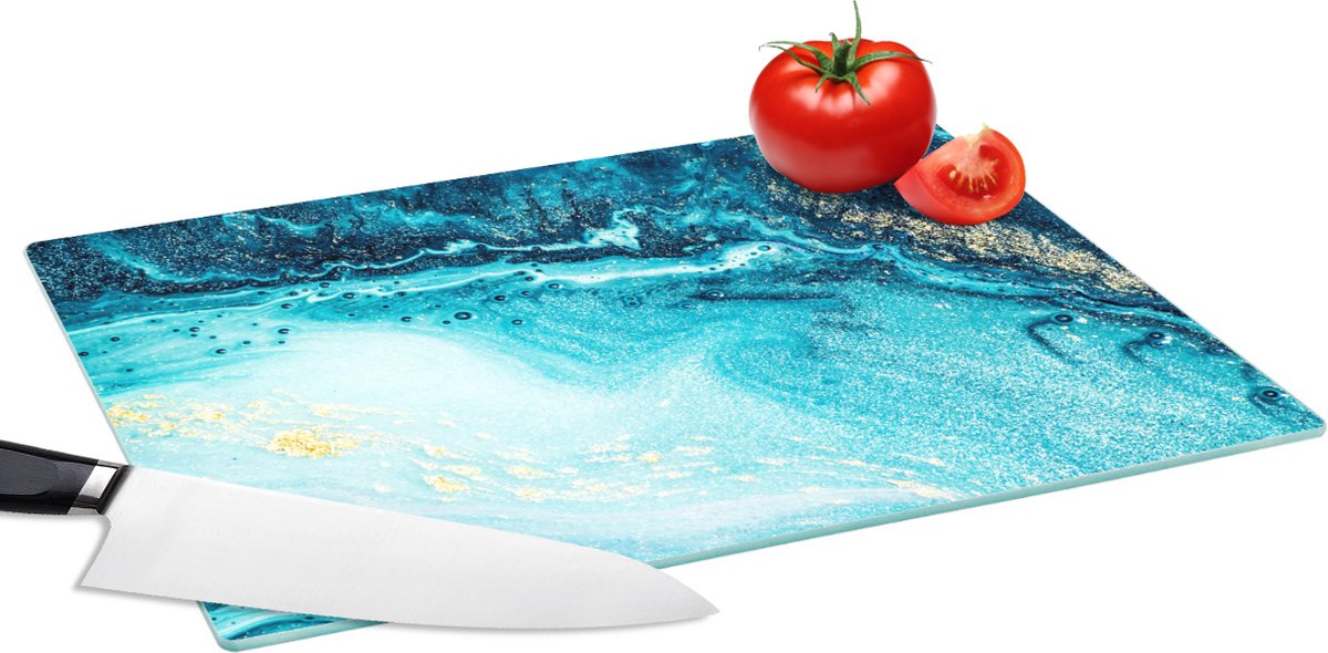 Glazen Snijplank - 39x28 - Marmerlook - Blauw - Goud - Luxe - Glitter - Marmer - Snijplanken Glas