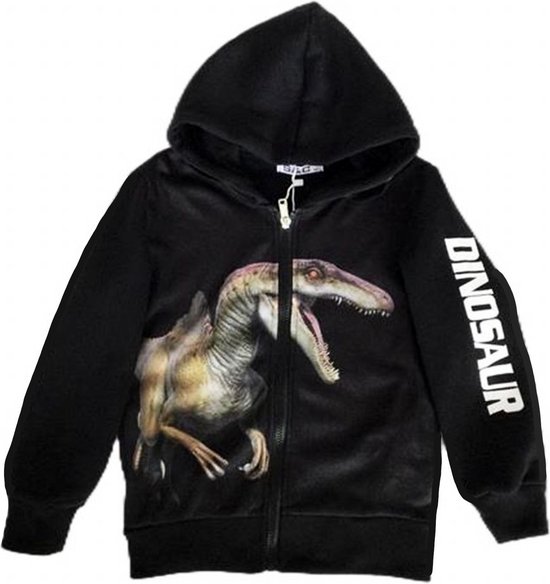 Gilet enfant avec imprimé Dino Dinosaurus en quadrichromie | Capuche | Couleur noire | Taille 110/116 | De toute beauté !
