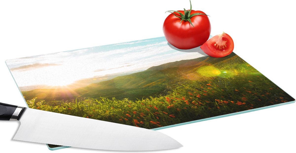 Glazen Snijplank - 28x20 - Heuvels - Zonsondergang - Gras - Groen - Snijplanken Glas