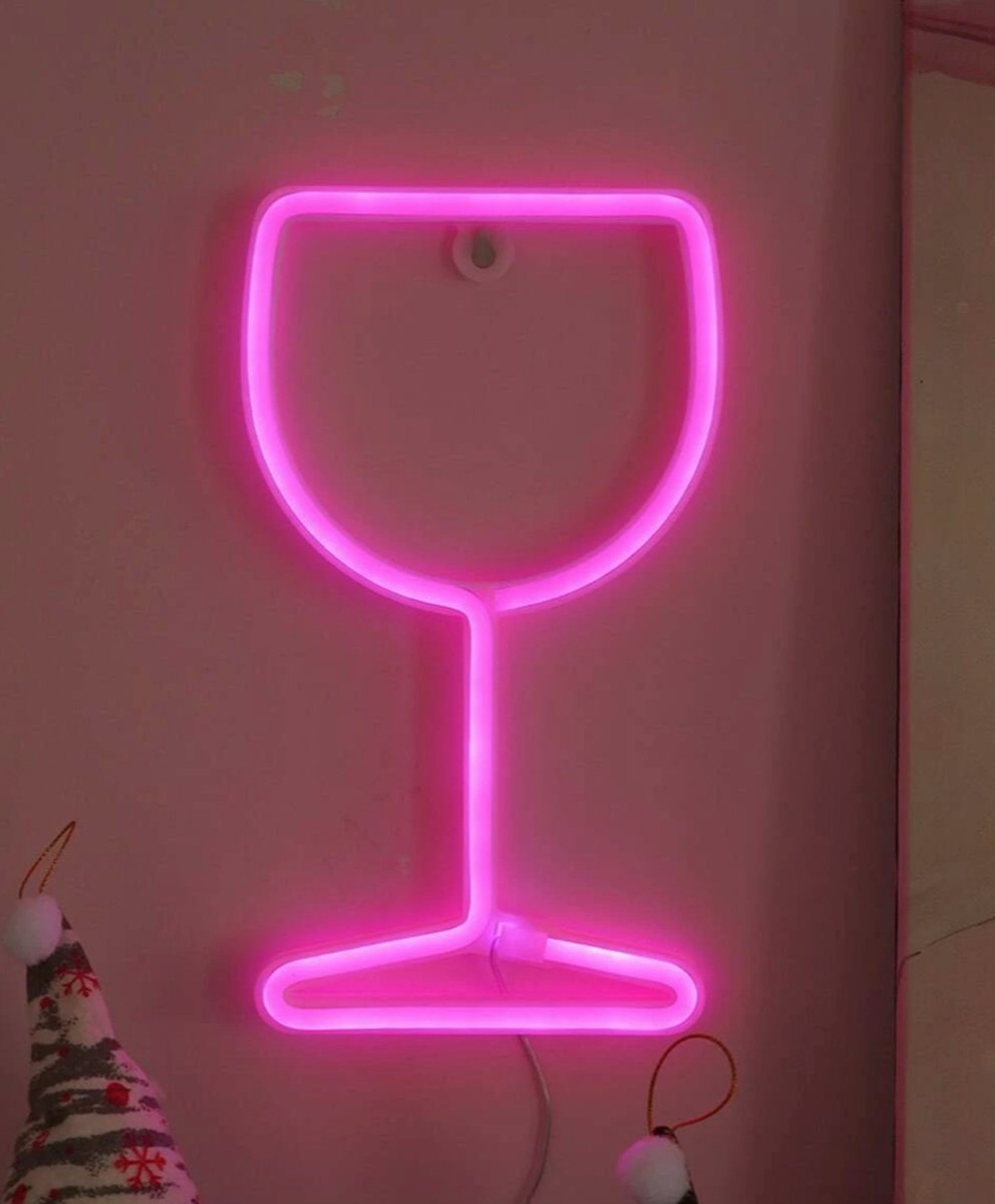 Neon led lamp - Wijnglas - Roze - 25 x 14 cm - Incl. 3 AA batterijen - Neon Verlichting - Wandlamp