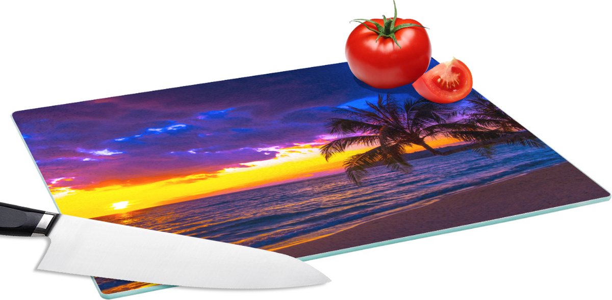 Glazen Snijplank - 39x28 - Palmboom - Paars - Zonsondergang - Strand - Zee - Snijplanken Glas