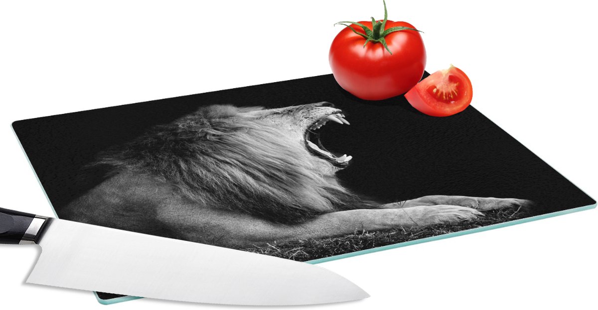 Glazen Snijplank - 28x20 - Leeuw - Wilde dieren - Gras - Zwart - Wit - Snijplanken Glas