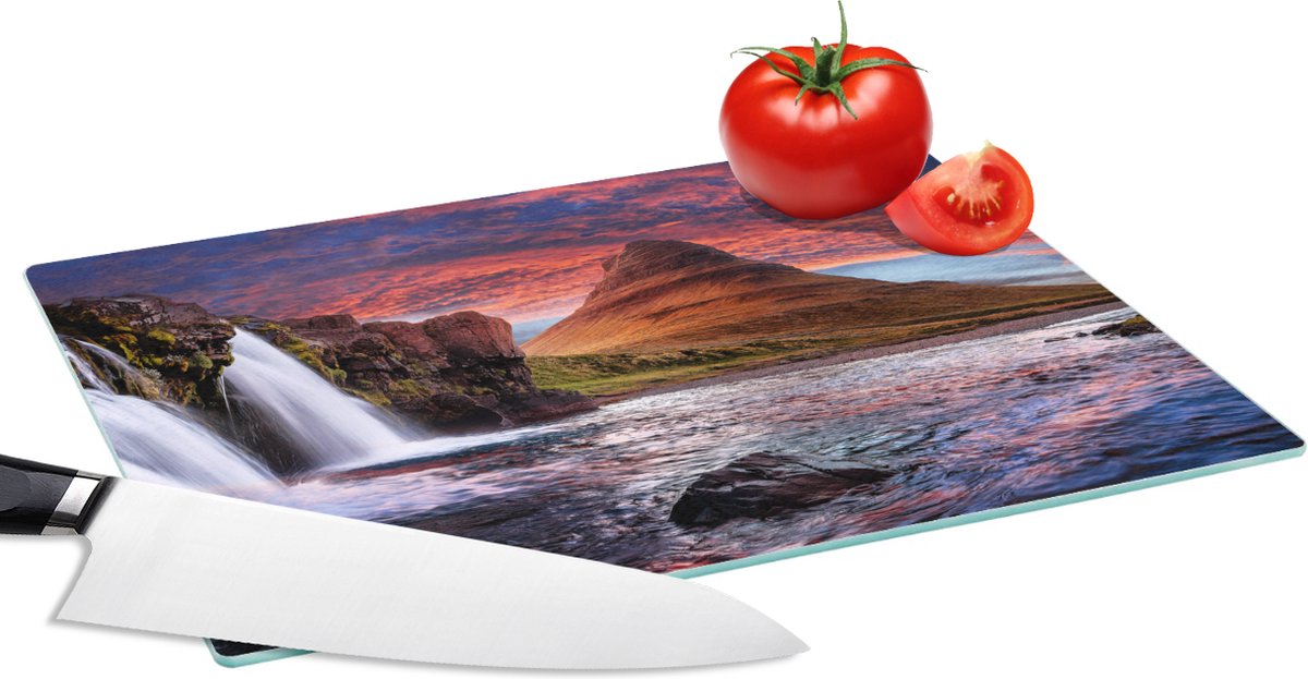 Glazen Snijplank - 28x20 - Waterval - Berg - Wolken - Roze - Landschap - Snijplanken Glas