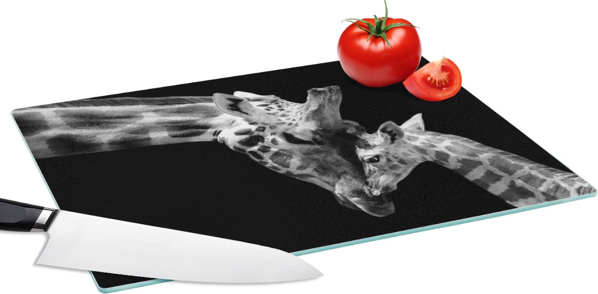 Glazen Snijplank - 39x28 - Giraffe - Wilde dieren - Portret - Zwart wit - Snijplanken Glas