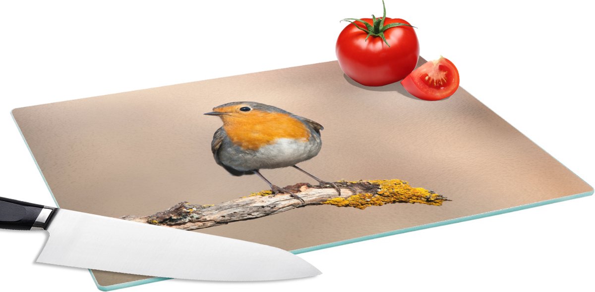 Glazen Snijplank - 39x28 - Roodborstje - Vogel - Tak - Dieren - Snijplanken Glas