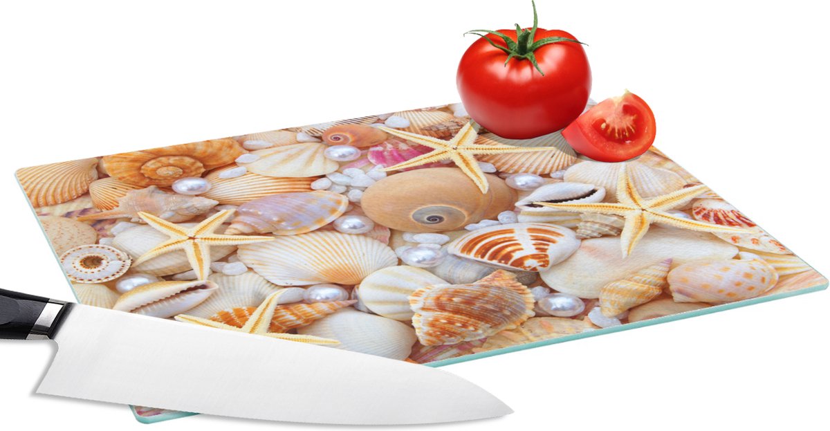 Glazen Snijplank - 28x20 - Schelpen - Parels - Zeesterren - Strand - Snijplanken Glas
