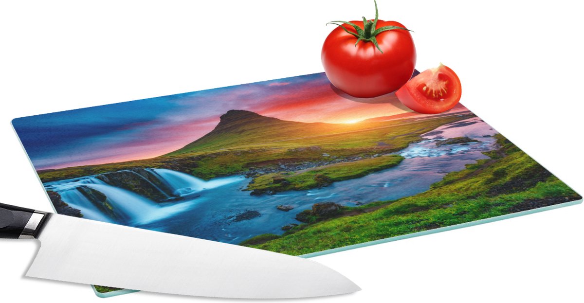 Glazen Snijplank - 28x20 - Waterval - Berg - Mos - Zonsondergang - Natuur - Snijplanken Glas