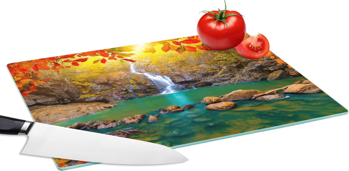 Glazen Snijplank - 39x28 - Stenen - Boom - Waterval - Herfst - Rood - Snijplanken Glas